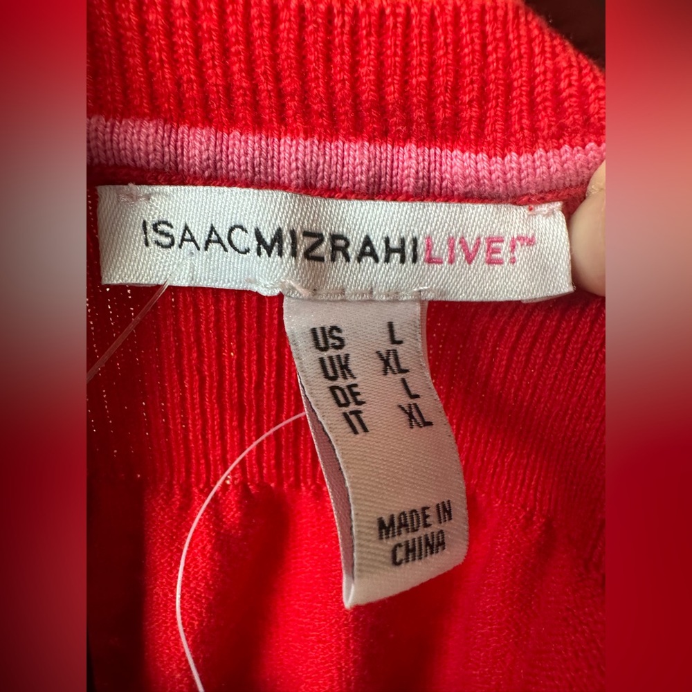 Isaac Mizrahi Live Red Button Front Cardigan L Pearl Buttons Pockets - Picture 2 of 7